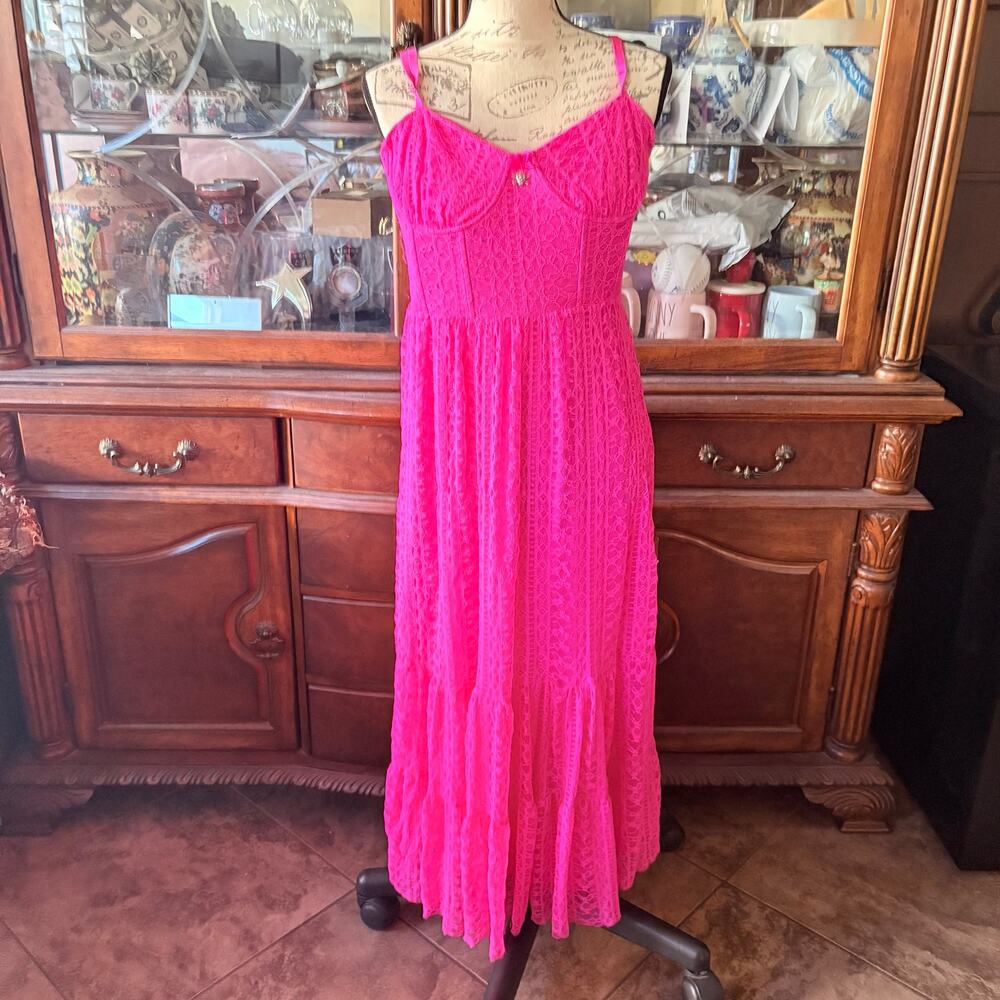 Betsey Johnson Maxi Dress Womens 14 Barbiecore Hot Pink Lace Corset Bodice